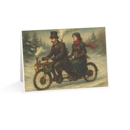 Greeting Cards - Victorian Steam Bicycle Enthusiast Couple Holiday Ride Set
