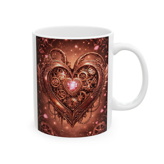 Steampunk Heart Ceramic Mug — Vintage Gear & Clockwork Design (11oz, 15oz)
