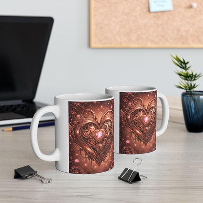Steampunk Heart Ceramic Mug — Vintage Gear & Clockwork Design (11oz, 15oz)