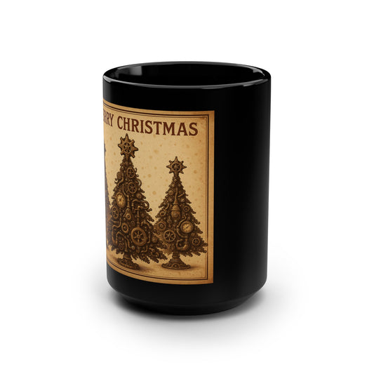 Vintage Christmas Tree Black Mug - 15oz Coffee Cup, Holiday Gift, Winter Decor, Rustic Kitchenware, Unique Drinkware