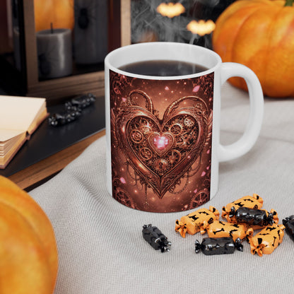 Steampunk Heart Ceramic Mug — Vintage Gear & Clockwork Design (11oz, 15oz)