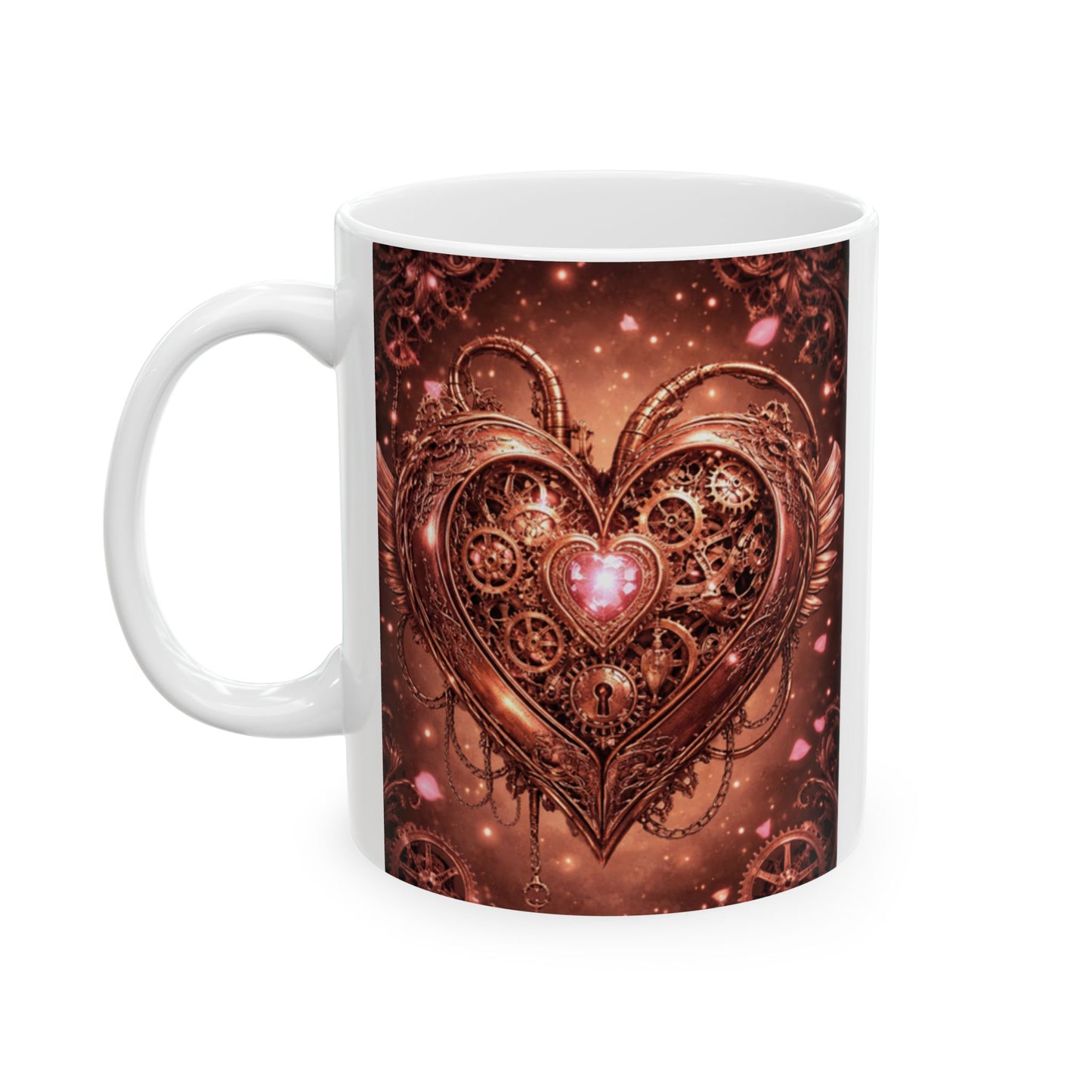 Steampunk Heart Ceramic Mug — Vintage Gear & Clockwork Design (11oz, 15oz)