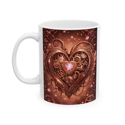 Steampunk Heart Ceramic Mug — Vintage Gear & Clockwork Design (11oz, 15oz)