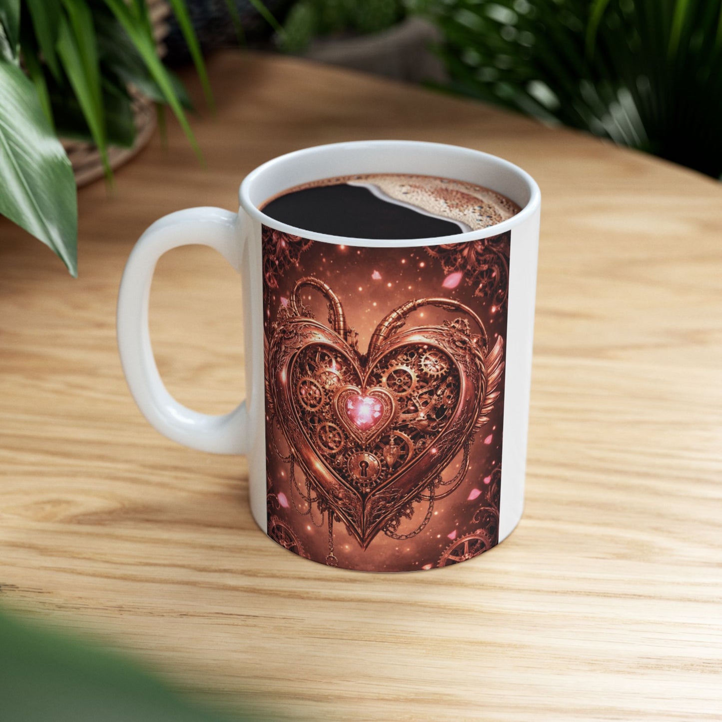 Steampunk Heart Ceramic Mug — Vintage Gear & Clockwork Design (11oz, 15oz)