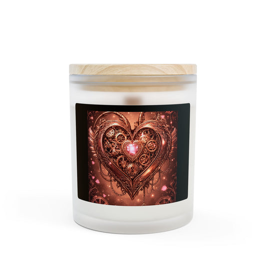 Steampunk Rose Gold Heart Frosted Glass Candle — Romantic 11oz Scented Gift