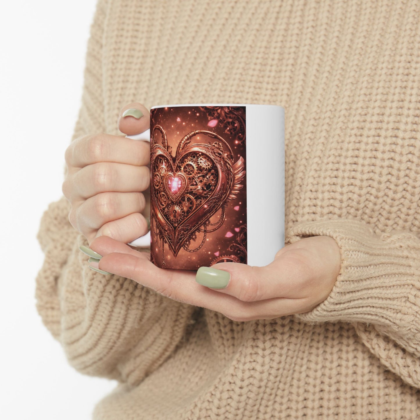 Steampunk Heart Ceramic Mug — Vintage Gear & Clockwork Design (11oz, 15oz)