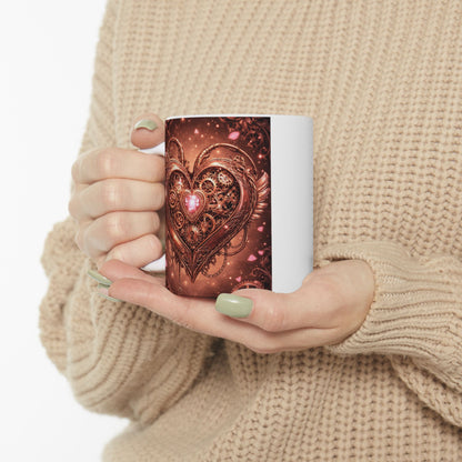 Steampunk Heart Ceramic Mug — Vintage Gear & Clockwork Design (11oz, 15oz)