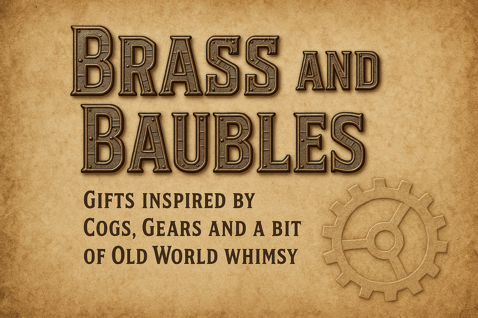 Brass and Baubles' with a gear on a brown background